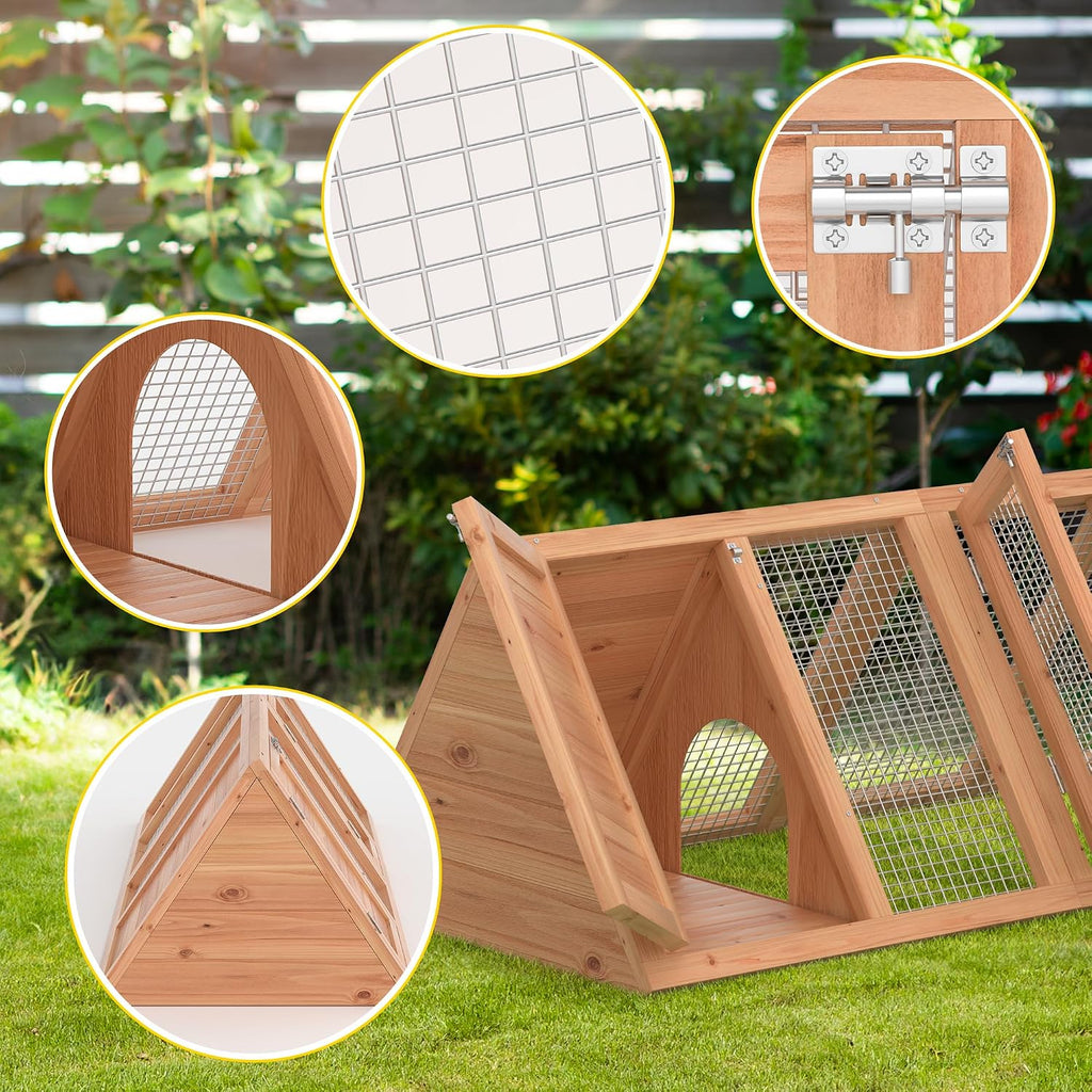 Rabbit Hutch, Small A-Frame Chicken Coop Outdoor w/ 2 Door & Run Cage(Wood)