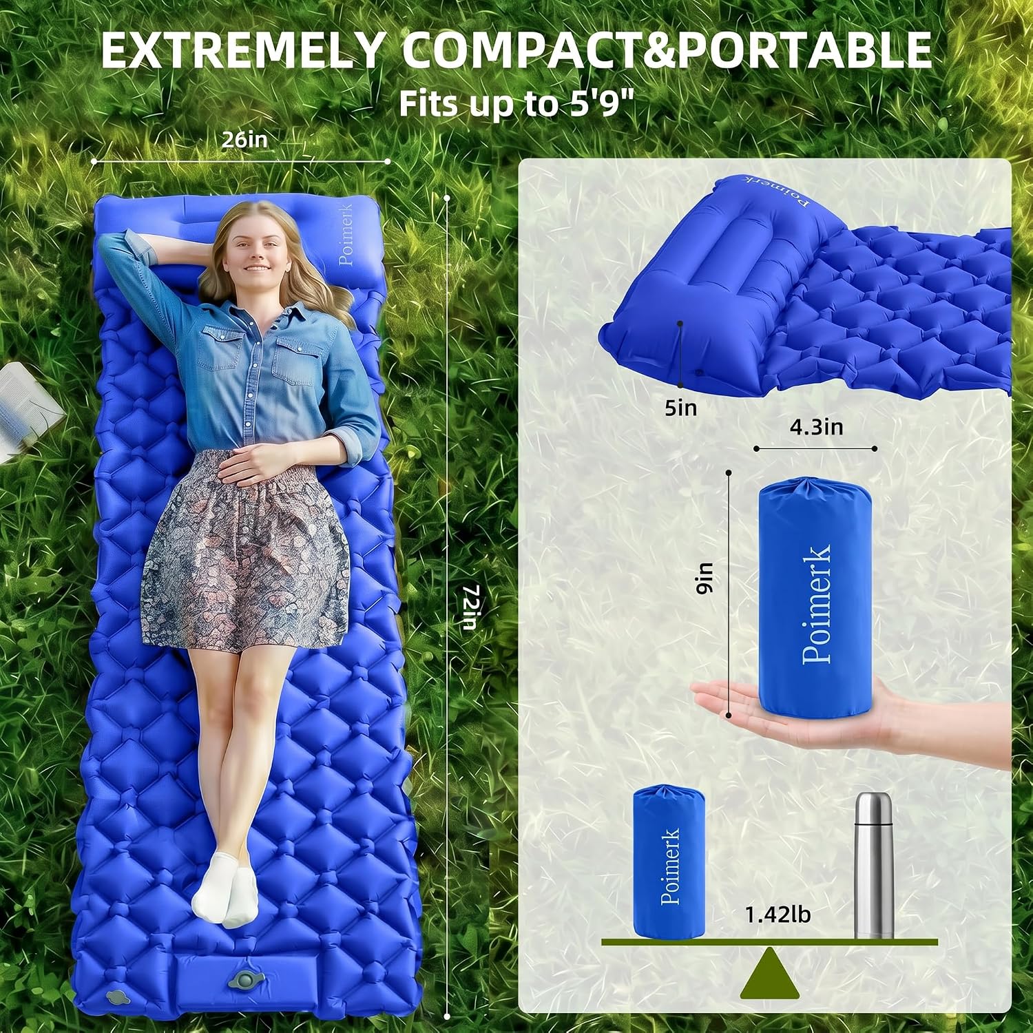 Ultralight Camping Sleeping Pad Mat, Compact Air Mattress for Backpacking | 1.42lb Lightweight,packs 4.3"x9",50s foot