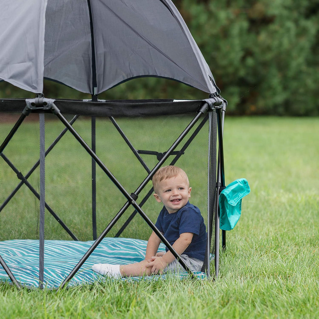 Go With Me Eclipse Mesh Portable Playard | Playpen | Sun Canopy | Indoor and Outdoor | Watercolor Stripe Base