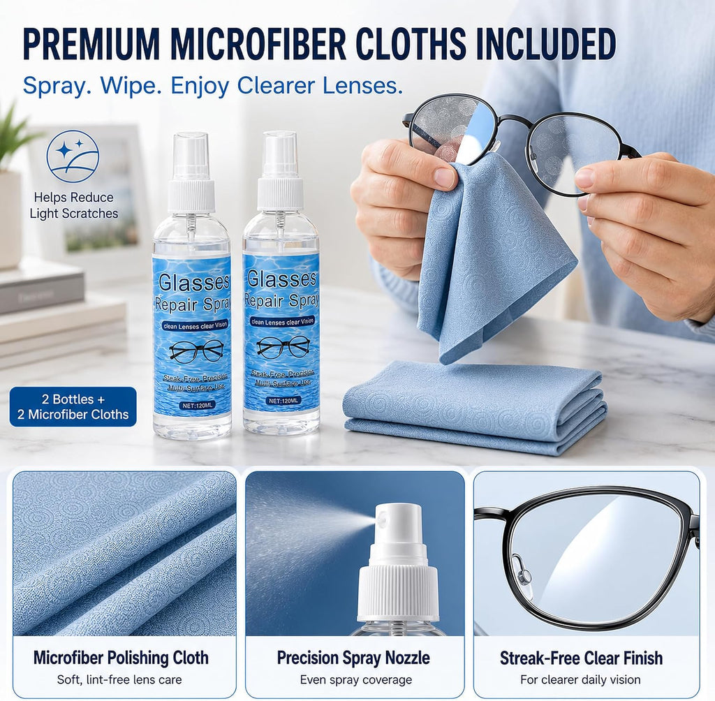 Eye Glasses Scratch Repair Spray, 2 Bottles Scratch Remover for Eyeglasses with 2 Microfiber Cloths, Eye Glass