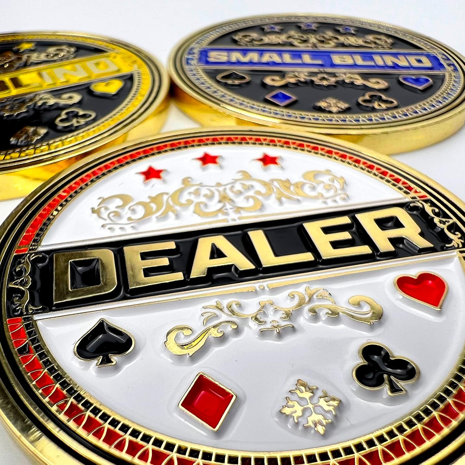 Set of 3 Metal Poker Buttons - Dealer Button, Big Blind and Small Blind | Metal poker position markers for Texas Hold