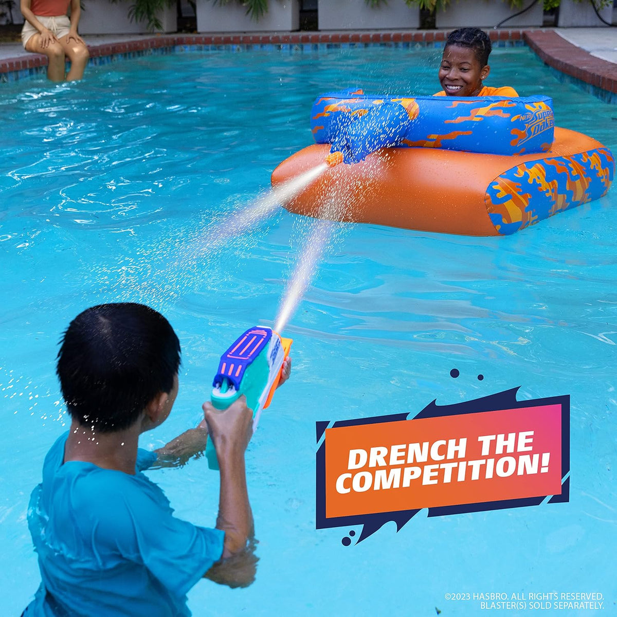 NERF Super Soaker Megaforce Battle Tank Ride-On – Inflatable Pool Float with Pool-Fed Mega Water Blaster