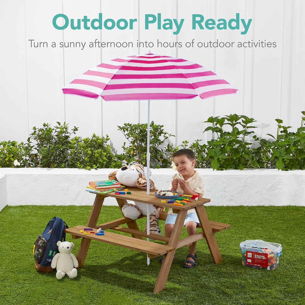Wooden Kids Picnic Table with Umbrella, Outdoor Activity Table Set with Built-in Benches, 220 lb Capacity per Bench