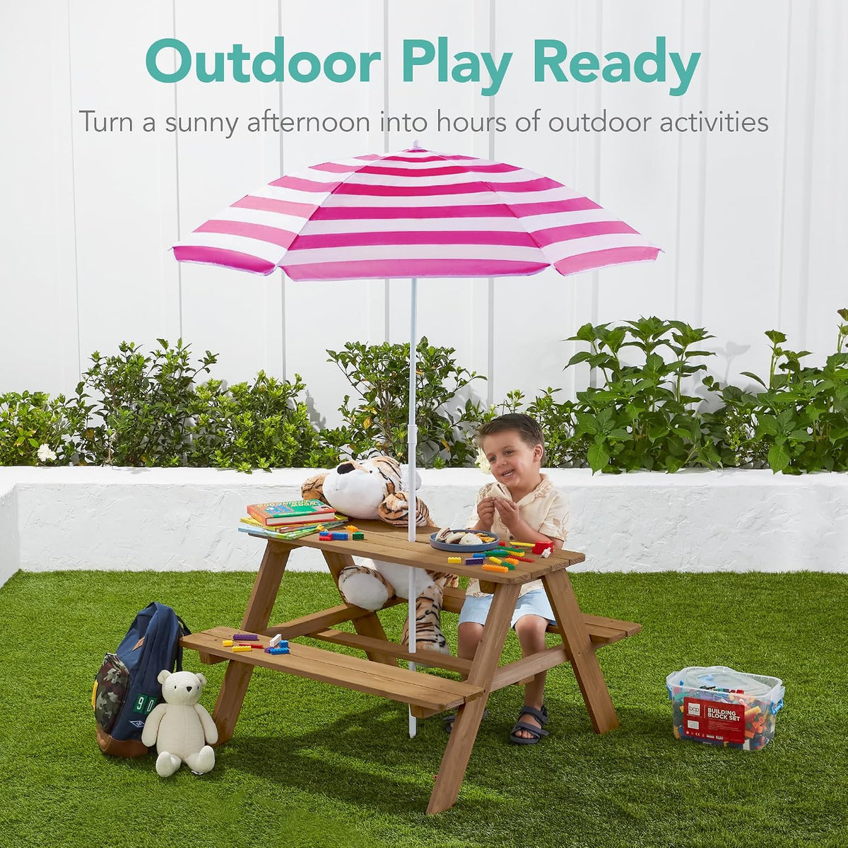 Wooden Kids Picnic Table with Umbrella, Outdoor Activity Table Set with Built-in Benches, 220 lb Capacity per Bench