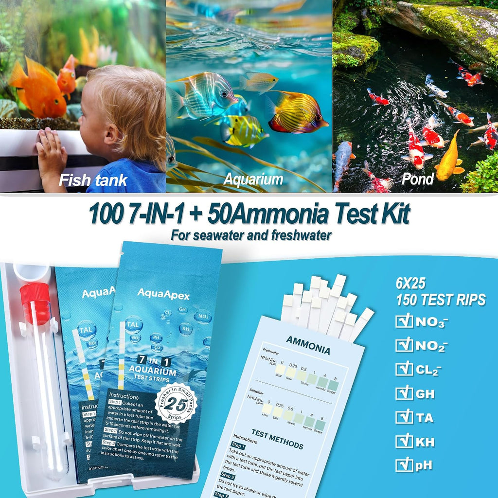 Aquarium Test Strips Kit,8-in-1 150 Strips |100 Multi-Test + 50 Ammonia Strips | Ammonia Test Kit for Fish Tank Test