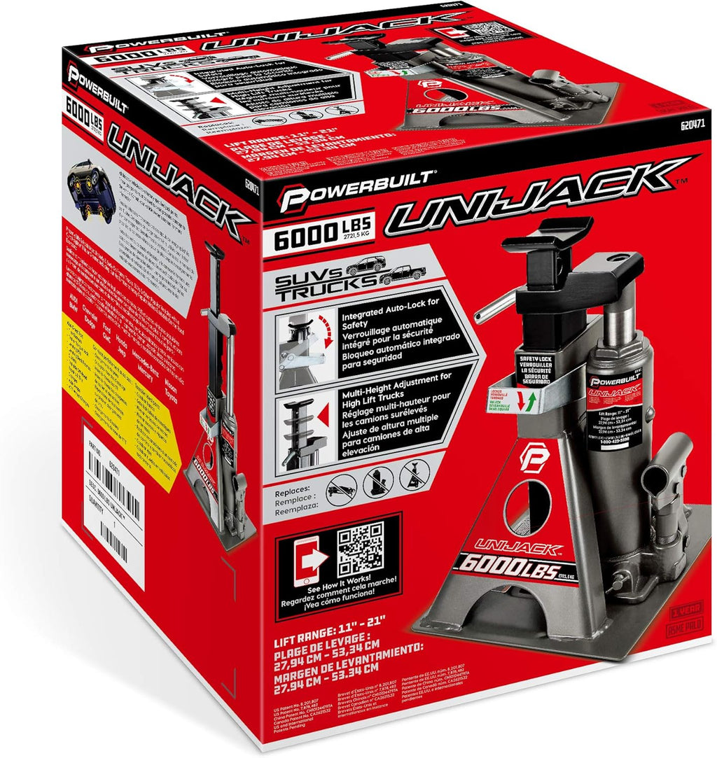 3 Ton, Bottle Jack and Jack Stands in One, 6000 Pound Capacity, All-in-One Car Lift, Heavy Duty Vehicle Unijack, Wide