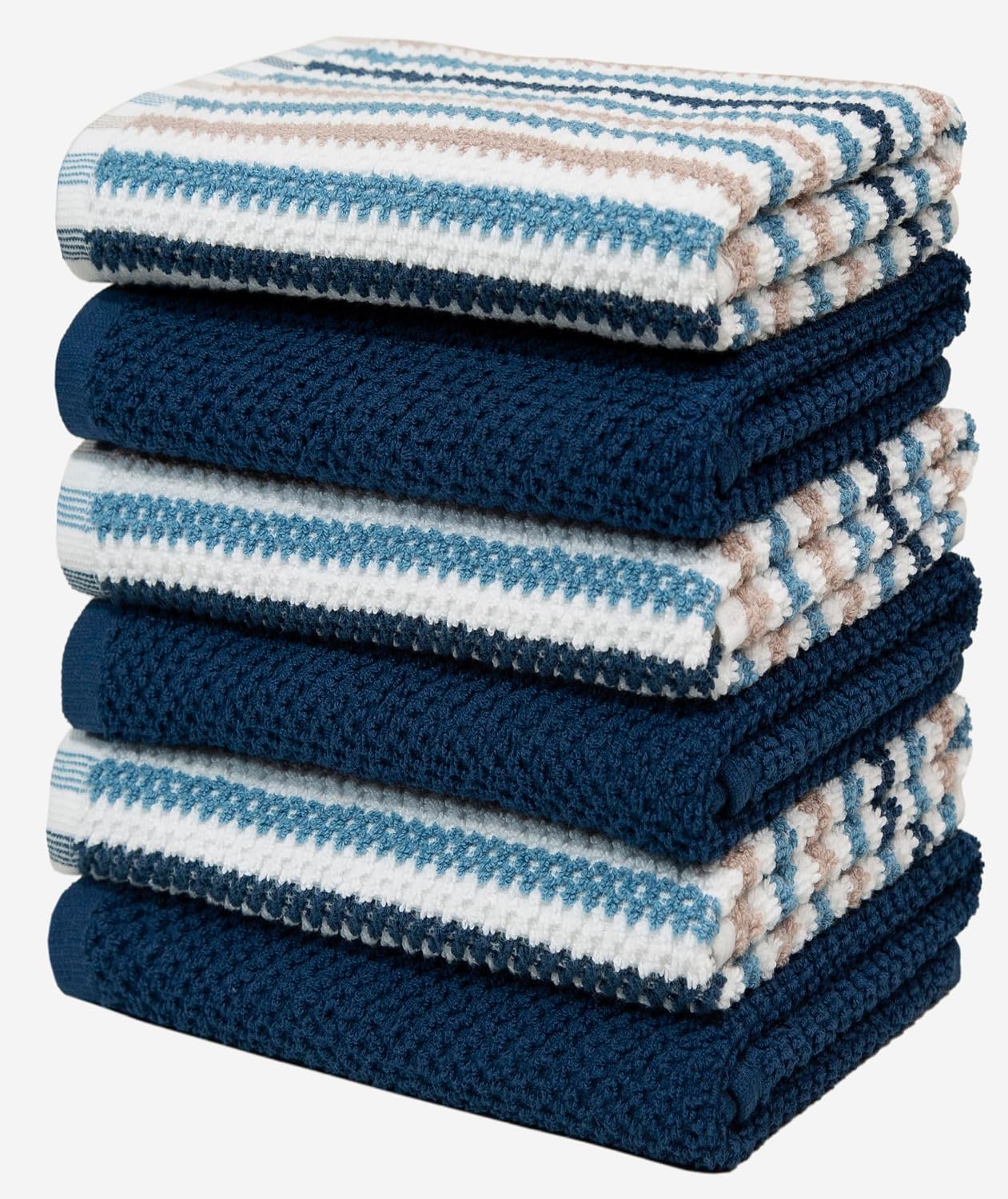 Bumble Kitchen Towels 6 Pack 100% Cotton 16"x26" - Blue Wide Stripe | 430 GSM Soft Kitchen Hand Towels with Hanging
