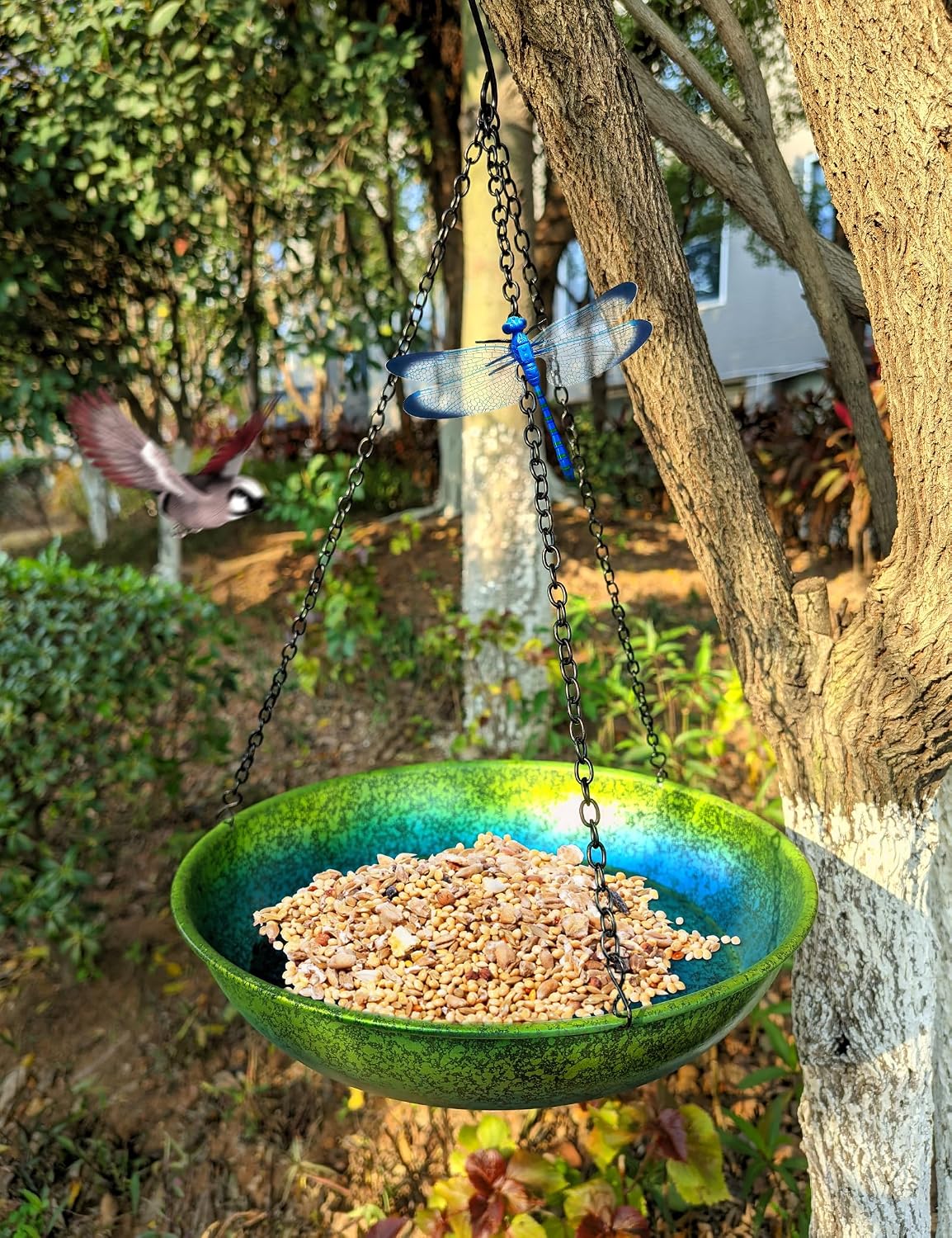 Hanging Bird Bath for Outside Metal Hanging Bird Feeder Window Birds Feeder Hand-Painted Blue and Green Gradient 11