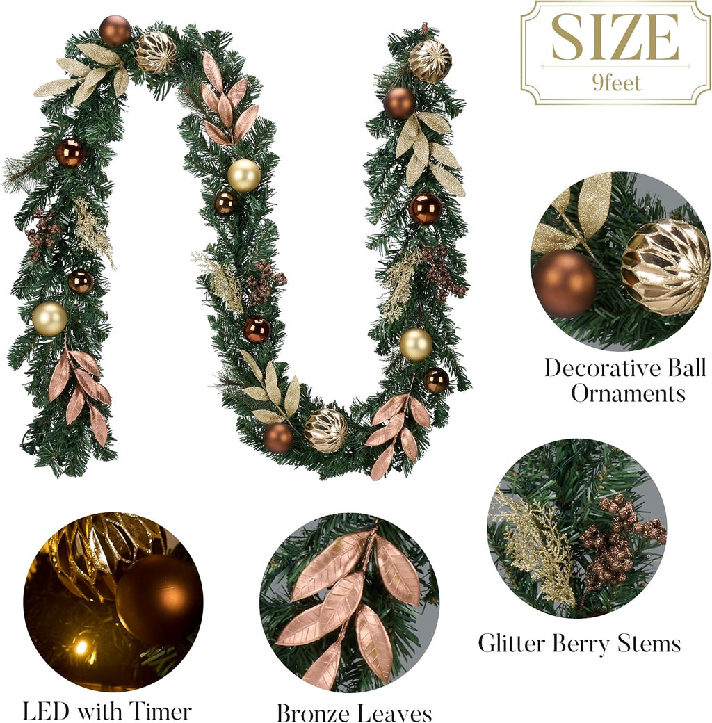 9 Ft Pre-Lit Christmas Garland with Lights for Mantle, Lighted Outdoor Xmas Garland with Copper Gold Balls Norfolk