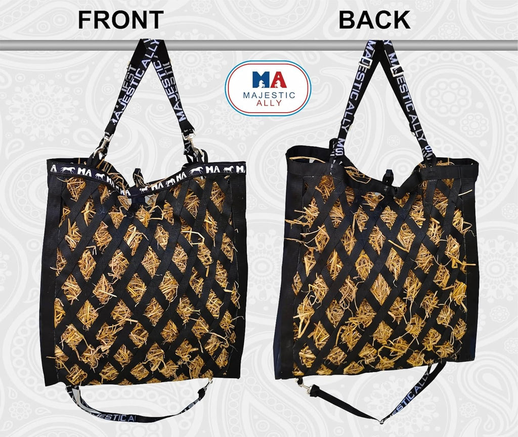 Double Side Open Slow Feeder Hay Bag - Diamond shaped Obliquely Placed Webbing (Black)