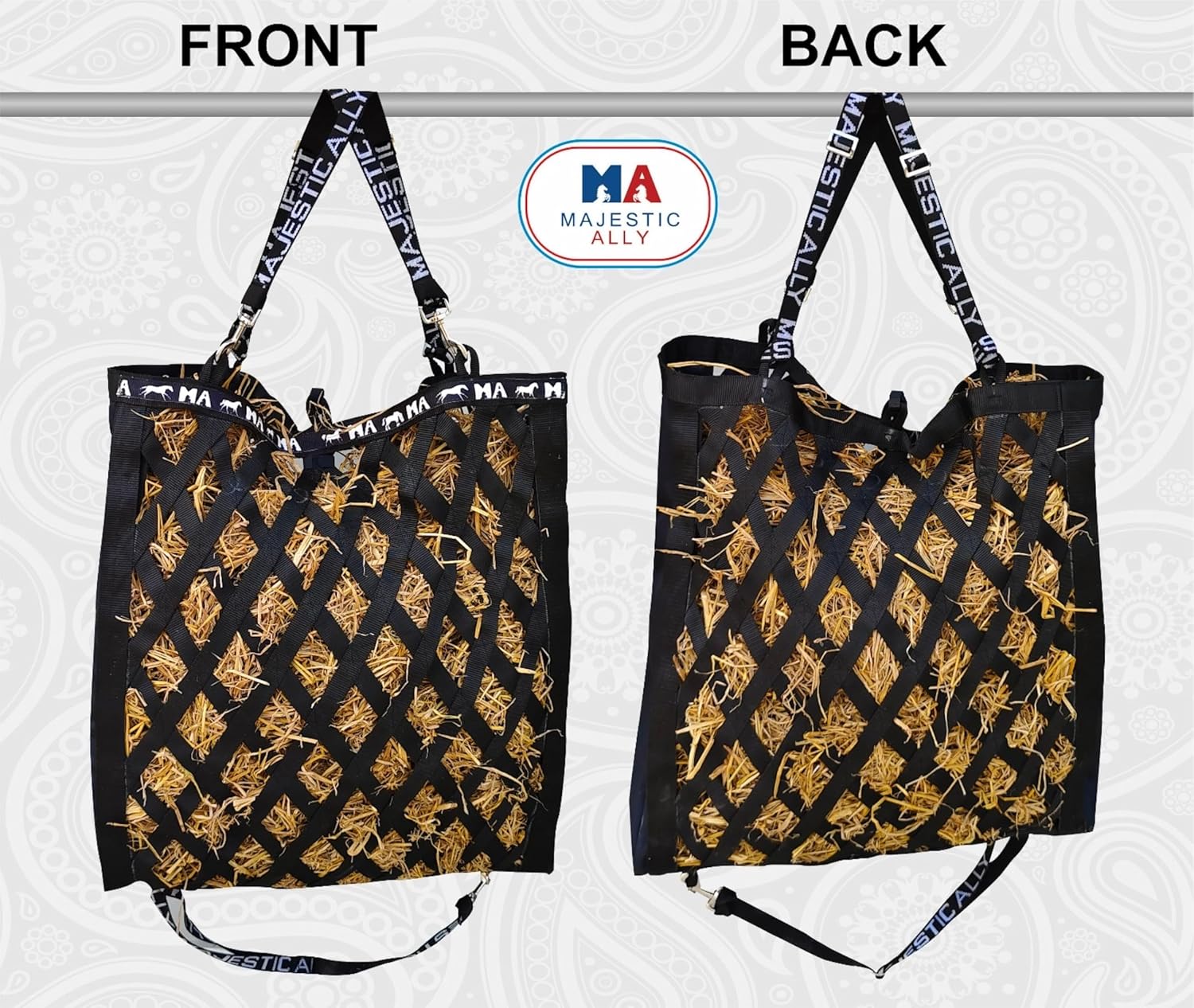 Double Side Open Slow Feeder Hay Bag - Diamond shaped Obliquely Placed Webbing (Black)