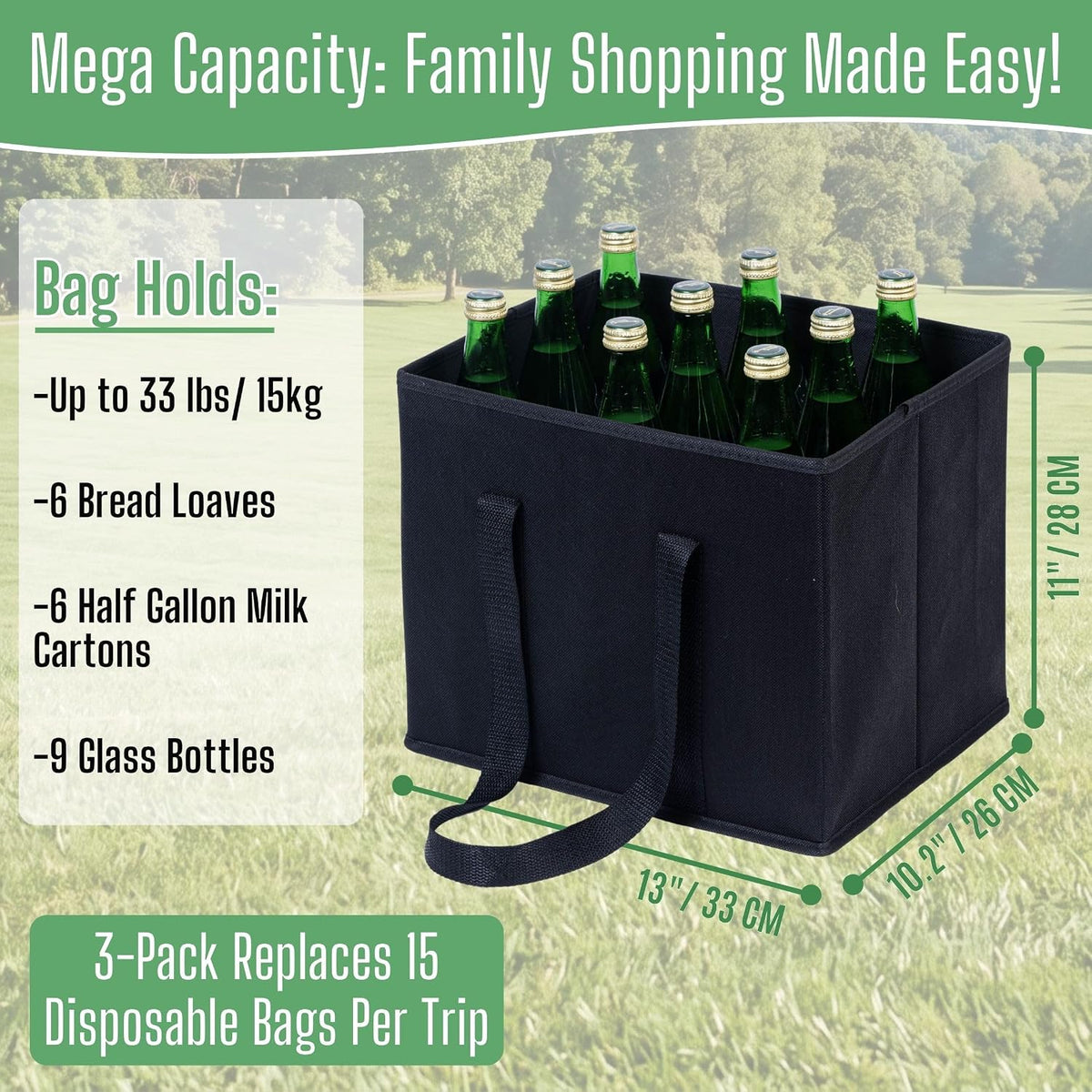 3 Pack Reusable Grocery Shopping Bags Utility Tote w/Sturdy Handles