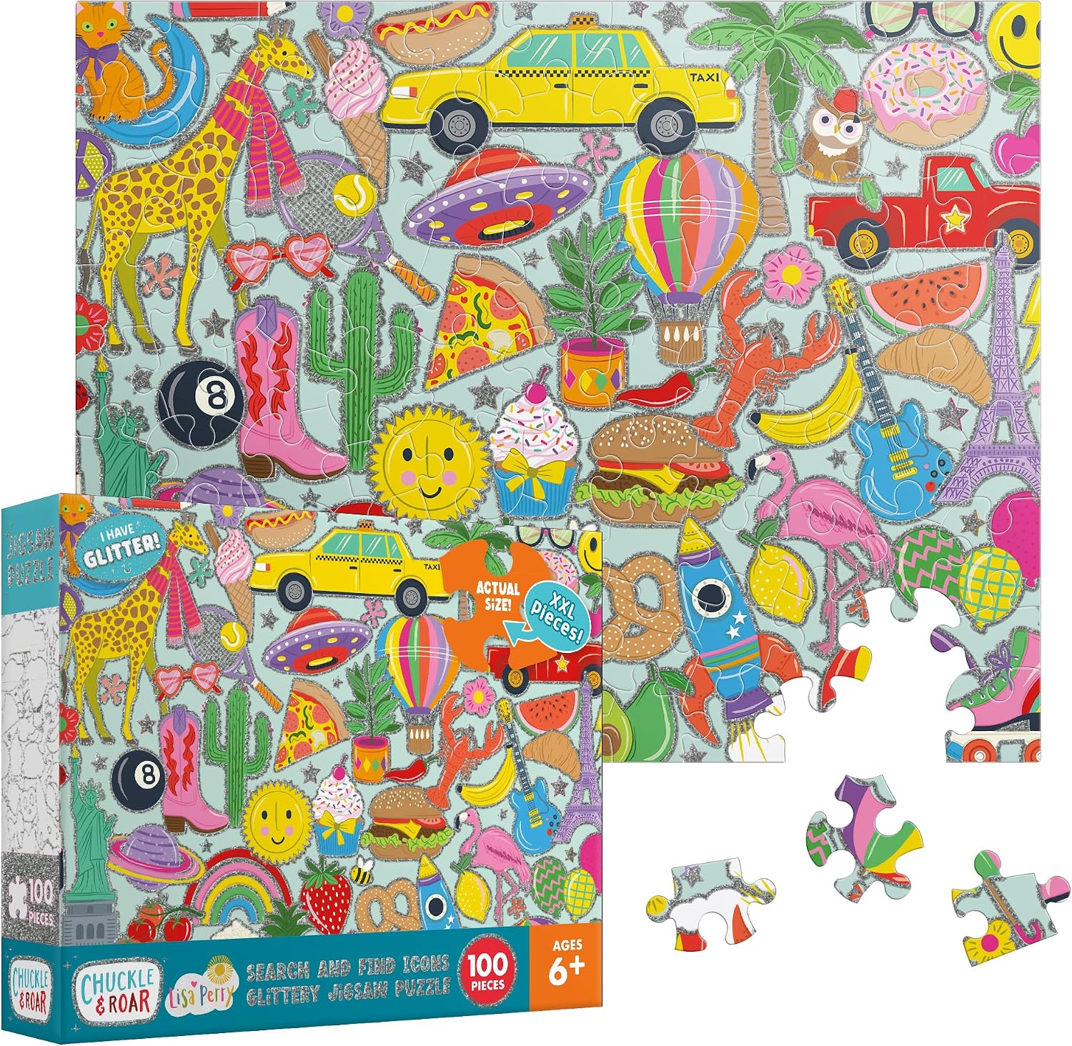 Chuckle & Roar Search & Find Icons Glittery Jigsaw Puzzle – 100 Piece XXL Puzzle for Kids Ages 6+