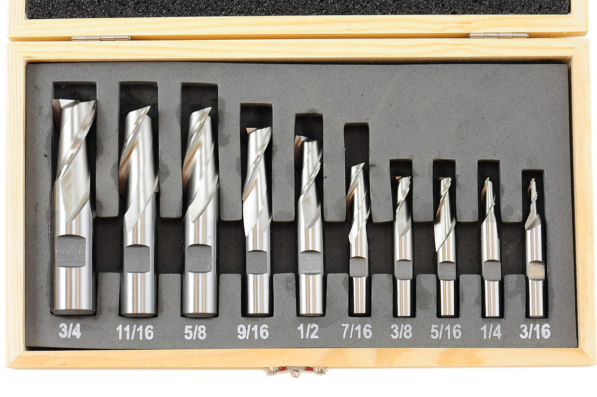 Shars 3/16-3/4" 2 Flute HSS Single End Center Cut End Mill Set 10PCS 404-5873 M