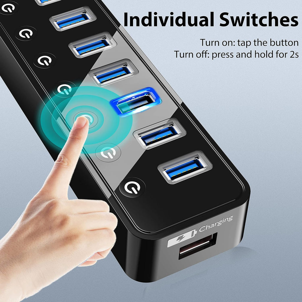 USB Hub 3.0 Powered, 7 Ports USB Data Hub Splitter with One Smart Charging Port and 5V/4A Powered Adapter and ON/Off
