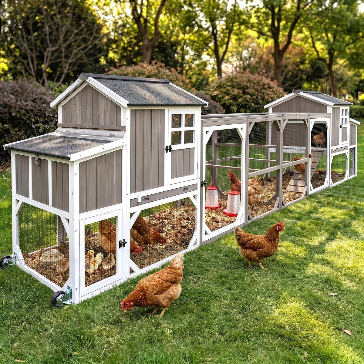 190.6" Double Outdoor Chicken Coop with Run and Wheels for 8-12 Chickens