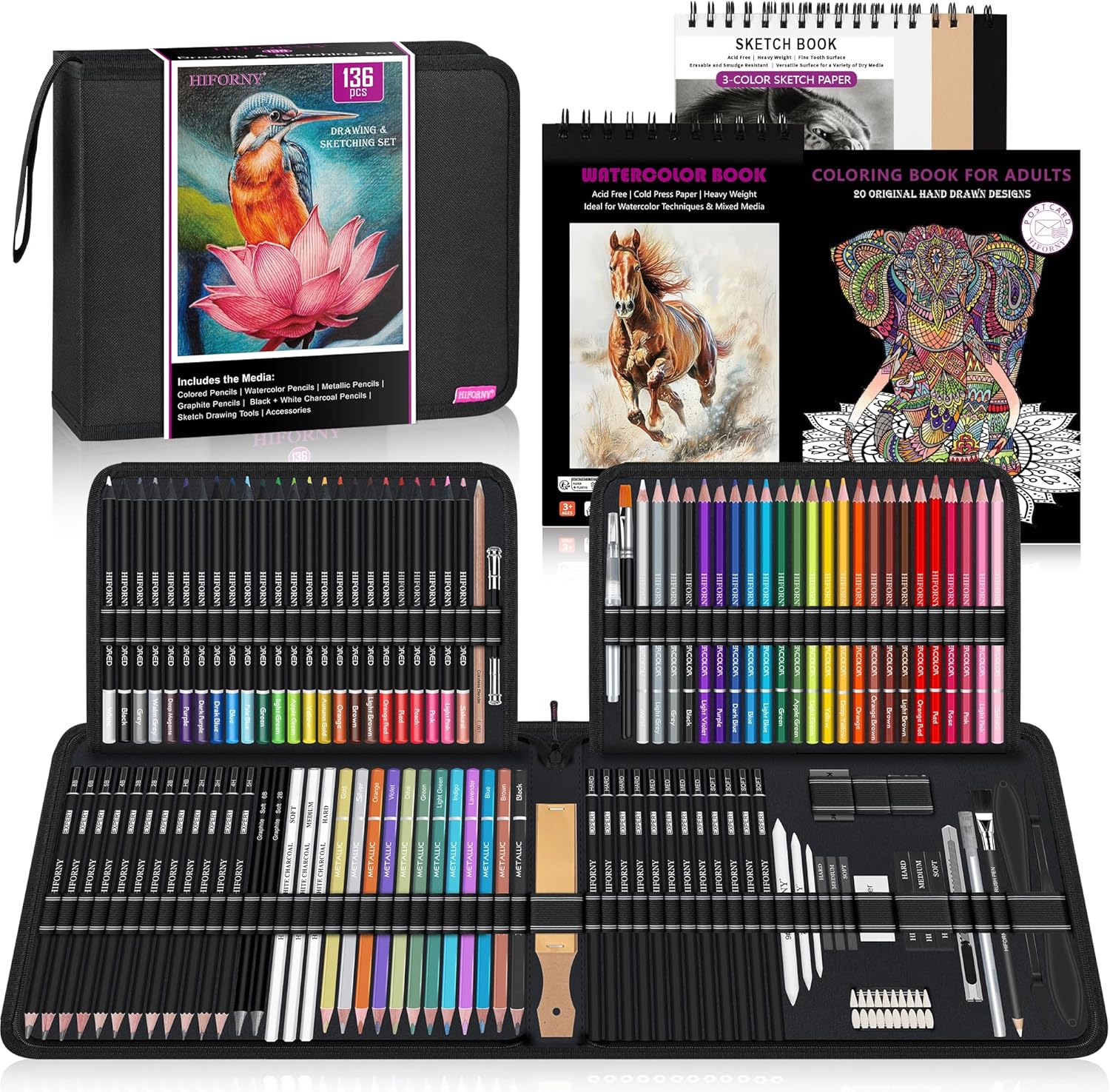 136 PCS Drawing & Sketching Set,Pro Art Supplies with Graphite,Charcoal,Colored,Watercolor,Metallic Pencils,Blending