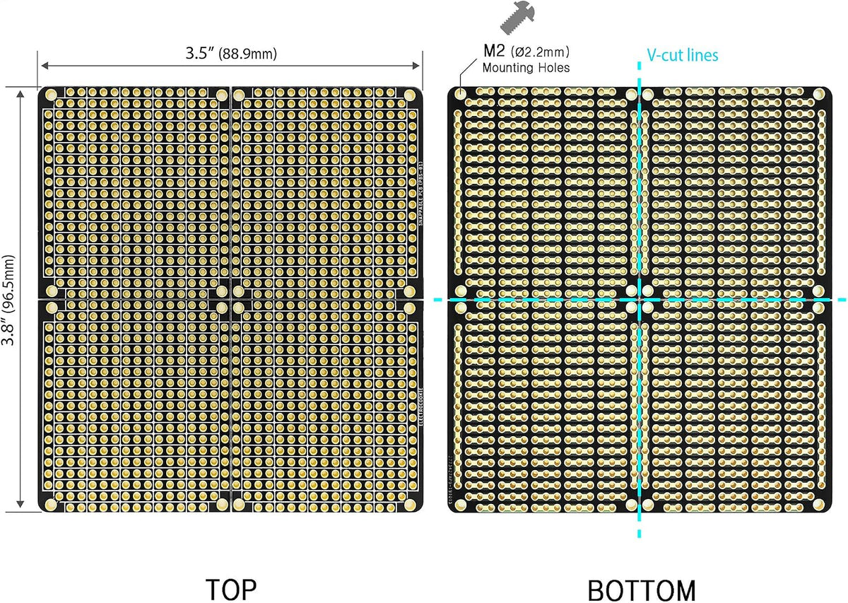 ElectroCookie PCB Prototype Board, Snappable Strip Board with Power Rails for Electronics Projects Compatible for DIY Arduino Soldering Projects, Gold-Plated, 3.8"x3.5" (2 Pack, Matte Black)