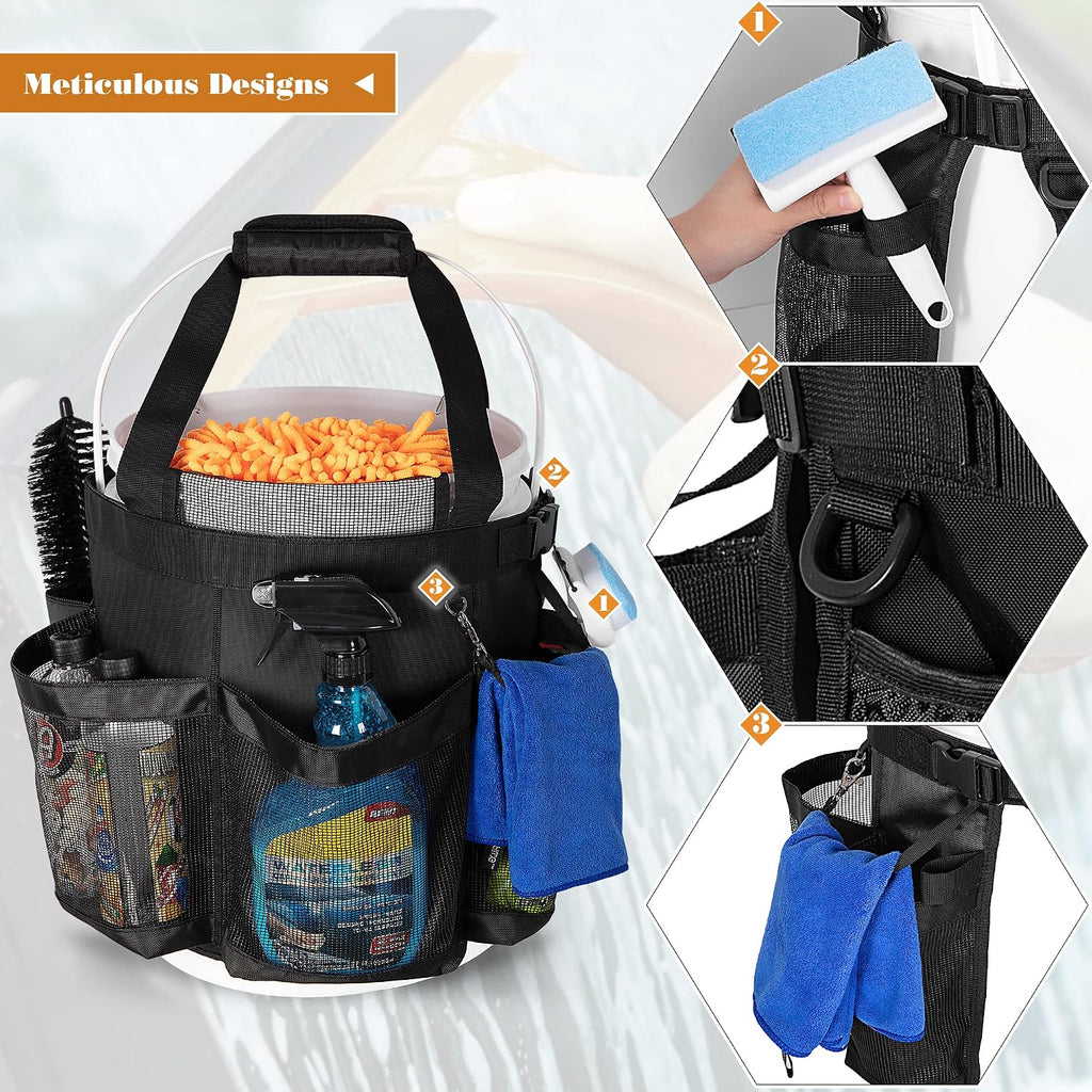 5 Gallon Bucket Organizer with Anti-fall Hooks & Buckle, Car Wash Bucket Caddy with Mesh Pockets, 5 Gallon Cleaning