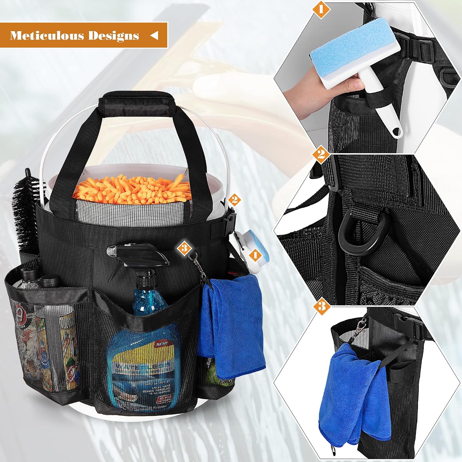 5 Gallon Bucket Organizer with Anti-fall Hooks & Buckle, Car Wash Bucket Caddy with Mesh Pockets, 5 Gallon Cleaning