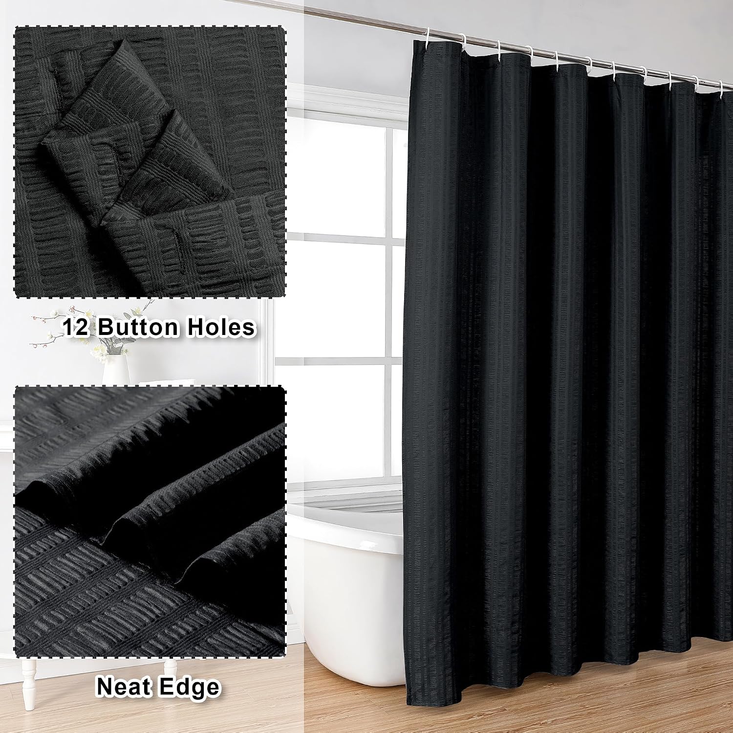 Moga 3D Embossed Waterproof Fabric Shower Curtain - Hotel Quality Soft Black Shower Curtain Fabric, Light-Weight