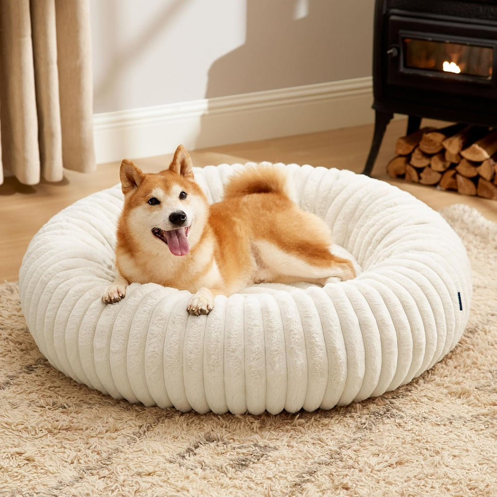 ComfyFleece Donut Large Dog Bed - Washable Faux Fur with Corduroy Fleece & Anti Slip Bottom, Round Pet Bed with