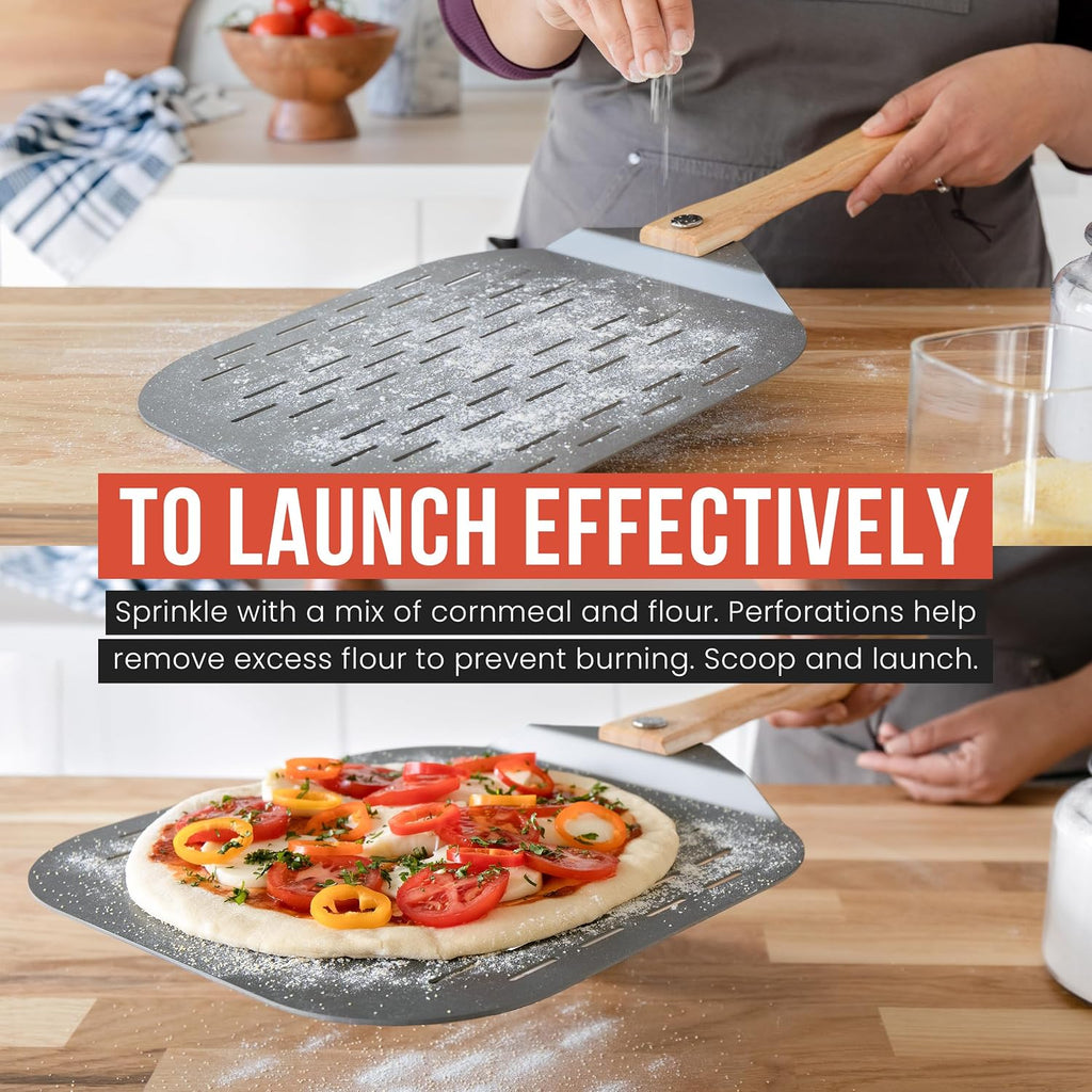 Perforated Aluminum Metal Pizza Peel with Foldable Wood Handle for Easy Storage (12 inch) and Pizza Turning Peel
