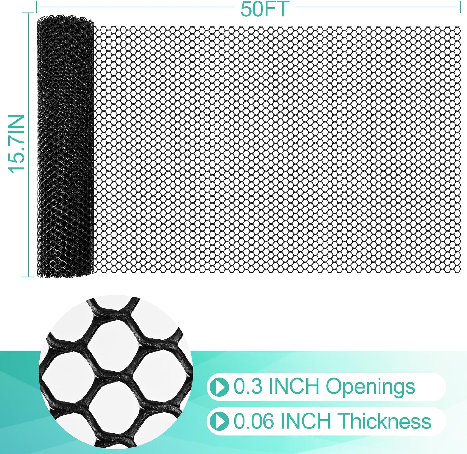 Plastic Mesh Fence Sheet 15.7IN x 50FT - 0.3IN Opening Plastic Chicken Wire Netting Roll Durable for Dogs, Poultry