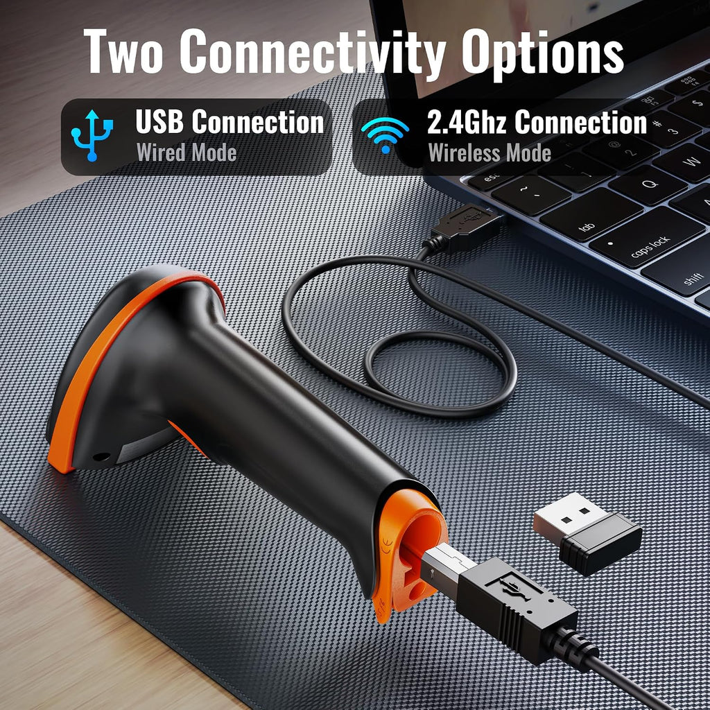 Barcode Scanner with Battery Indicator: 2D Wireless, D5100 Orange | USB Wired, 2.4G Wireless, 2200mAh Battery, 1D 2D