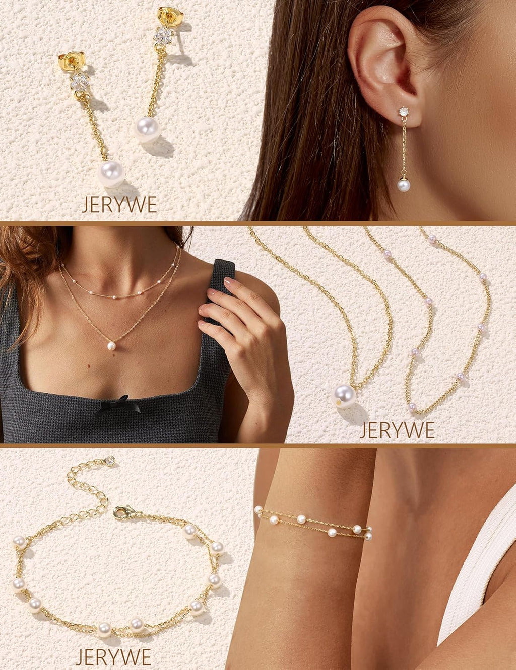 Gold Jewelry Set for Women 14K Gold Plated Layered Pearl Choker Necklace and Drop Earrings Set Adjustable Bracelets