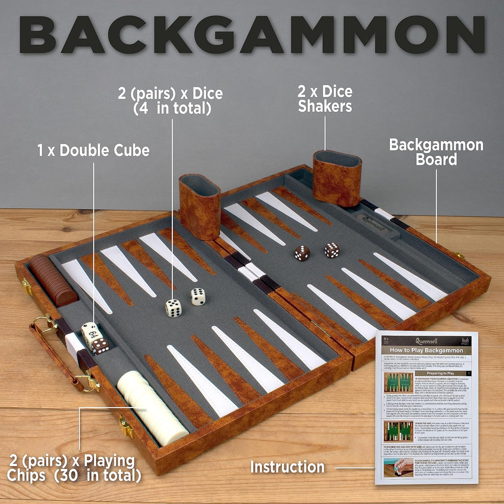 Large Backgammon Sets for Adults - Classic Board Games for 2 Players Adults and Kids - Premium Backgammon Set 15 inch
