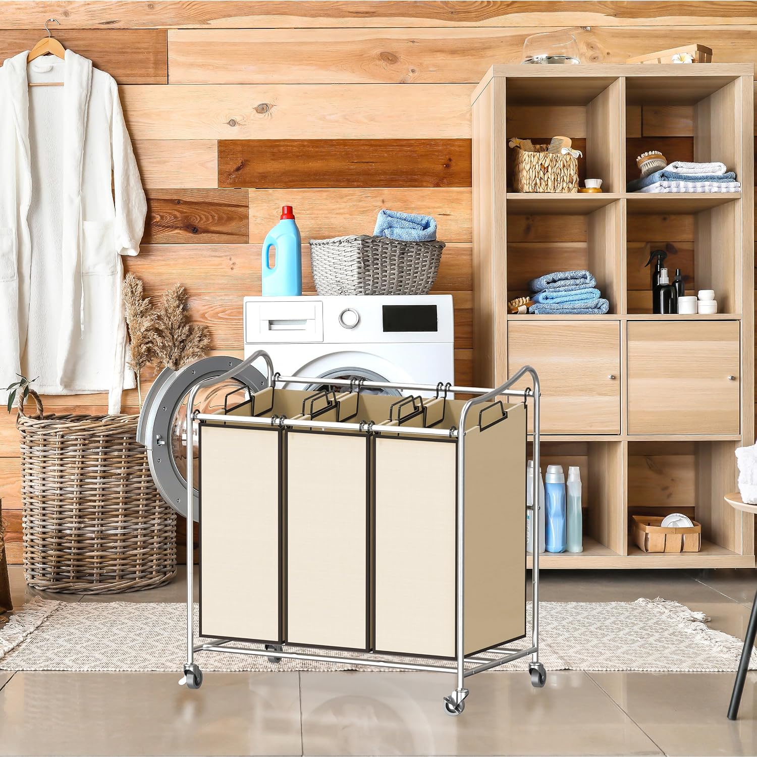 Heavy Duty 3-Bag Laundry Sorter Rolling Cart, Chrome | Removable Bags and Lockable Wheels for Laundry Room Organization