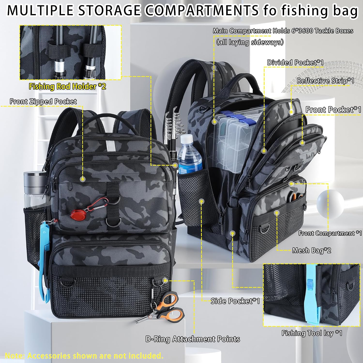 Fishing Backpack with Tackle Boxes and Rod Holder, 24L Fishing Sling Bag with Fishing Lures Kit, Fishing Gear Bag