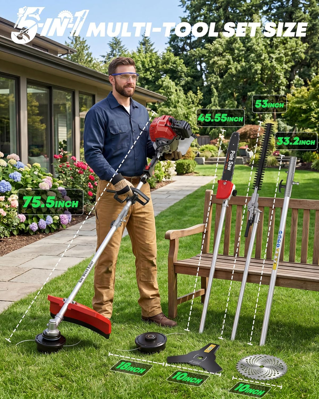 52CC Gas String Trimmer, 5-in-1 Brush Cutter System, Red | Aluminum Alloy Shaft, 18 in Line Head, 3T/40T Blades, 12