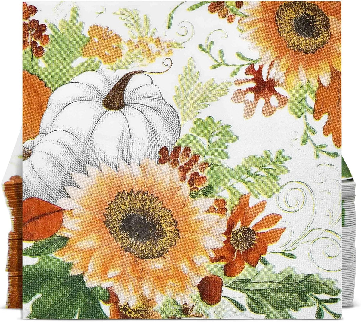 100 Fall Pumpkin Sunflower Cocktail Napkins, Thanksgiving Disposable