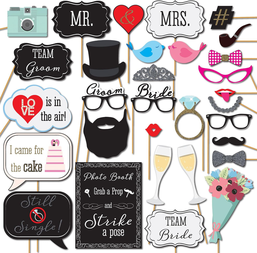 Wedding Photo Booth Props with 8 x 10-Inch Sign, 45 Adhesive Pads, 35 Wooden Sticks - Signs for Wedding Backdrop and