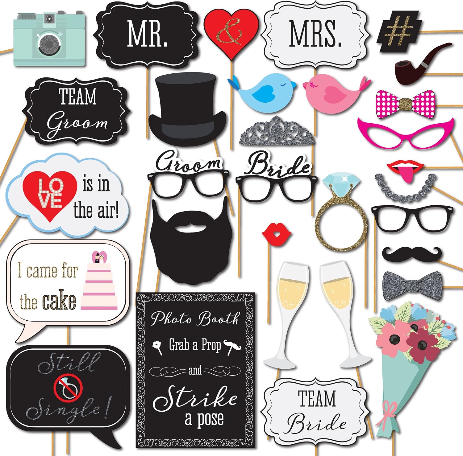 Wedding Photo Booth Props with 8 x 10-Inch Sign, 45 Adhesive Pads, 35 Wooden Sticks - Signs for Wedding Backdrop and