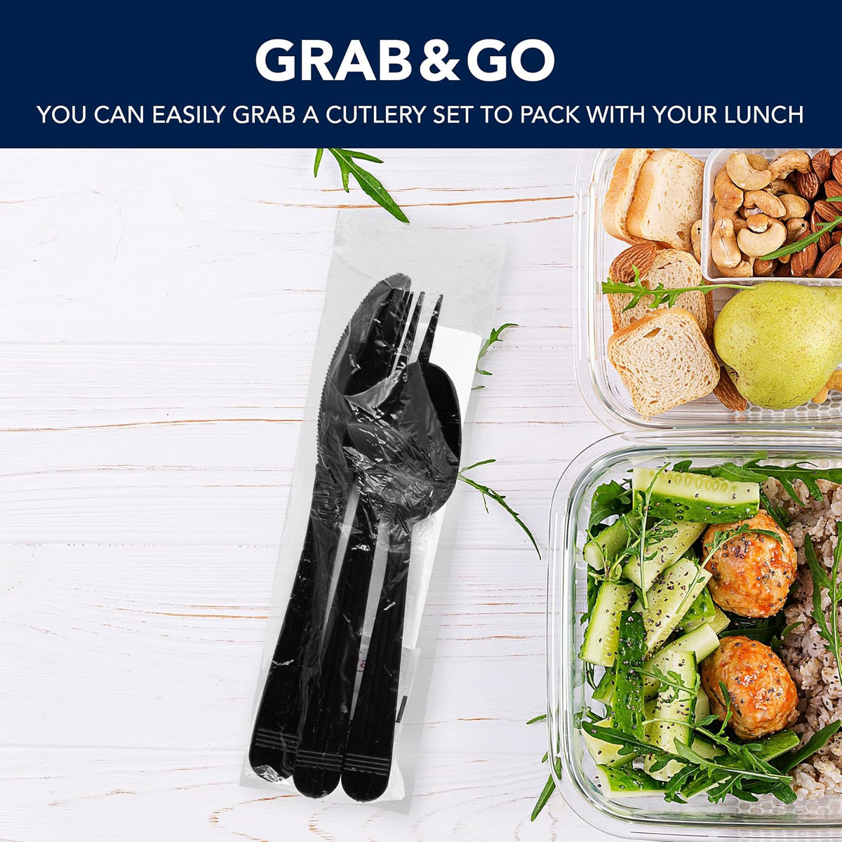 Individually Wrapped Black Plastic Cutlery Packets/Heavy Duty Silverware Kits, Fork/Spoon/Knife/Napkin/Salt/Pepper