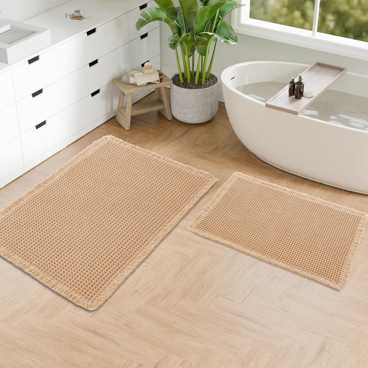 Set of 2 Brown Waffle Bath Mat 16" x 24" + 20" x 32" | Super Absorbent Non Slip Bathroom Boho Rug with Tassel
