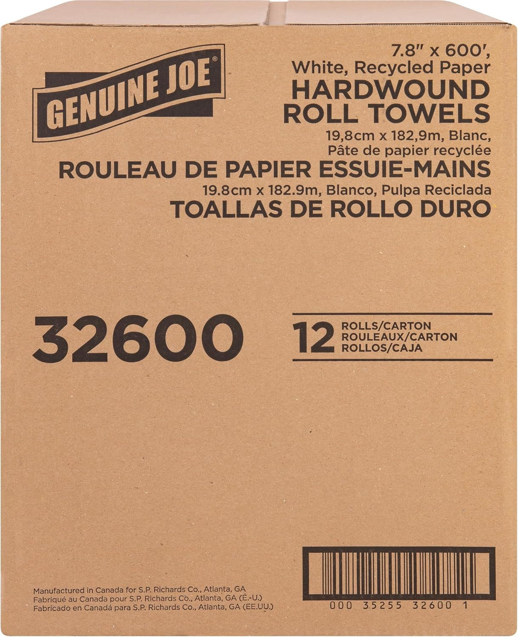 Embossed Hardwound Roll Towels, 2" Core, 1-Ply, 7.8" x 600', White, 12 Count