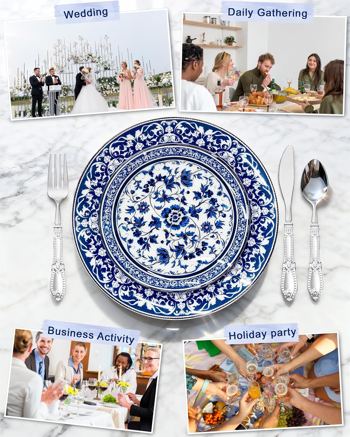 Blue Plastic Plates, Fancy Disposable Pates, 60 Pcs for 30 Guests
