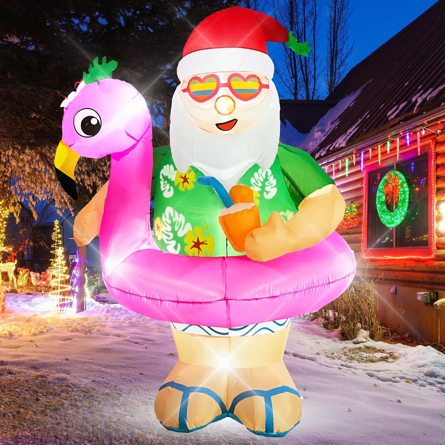 Christmas Inflatable Santa Claus Outdoor Decorations 6ft Giant Blow Up Hawaiian Santa Inflatables with Flamingo