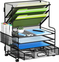 4-Tier Paper Organizer + 3-Pocket File Holder + Drawer + Pen Holders, Desktop File Organizers Paper Tray for Office