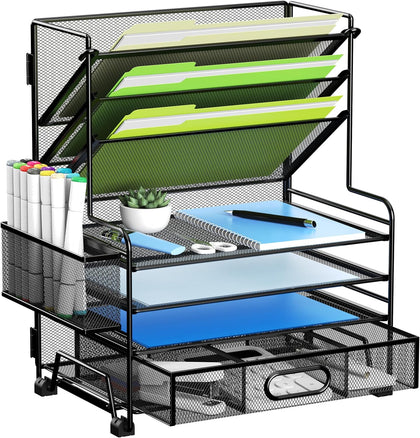 4-Tier Paper Organizer + 3-Pocket File Holder + Drawer + Pen Holders, Desktop File Organizers Paper Tray for Office