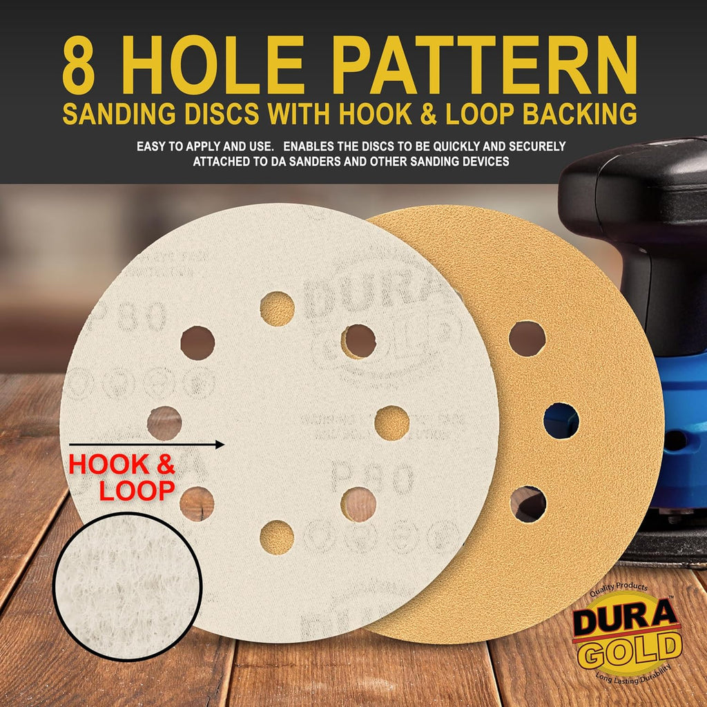 Dura-Gold 5" Gold Sanding Discs, 80 Grit, Box of 50, 8 Hole Pattern, H & L