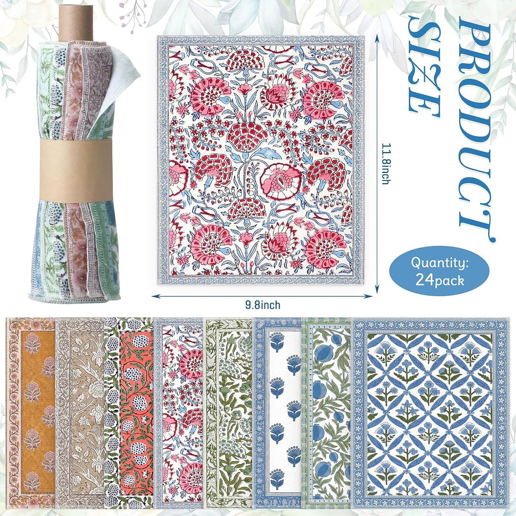 24 Pack Reusable Paper Towels Washable Cloths, Indian Block Print