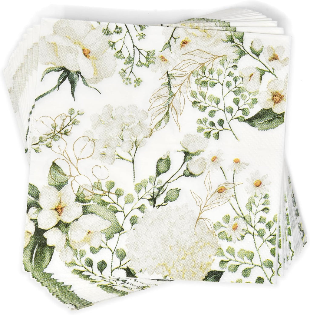 White Green Floral Cocktail Napkins 100 Count Botanical Beverage Napkins