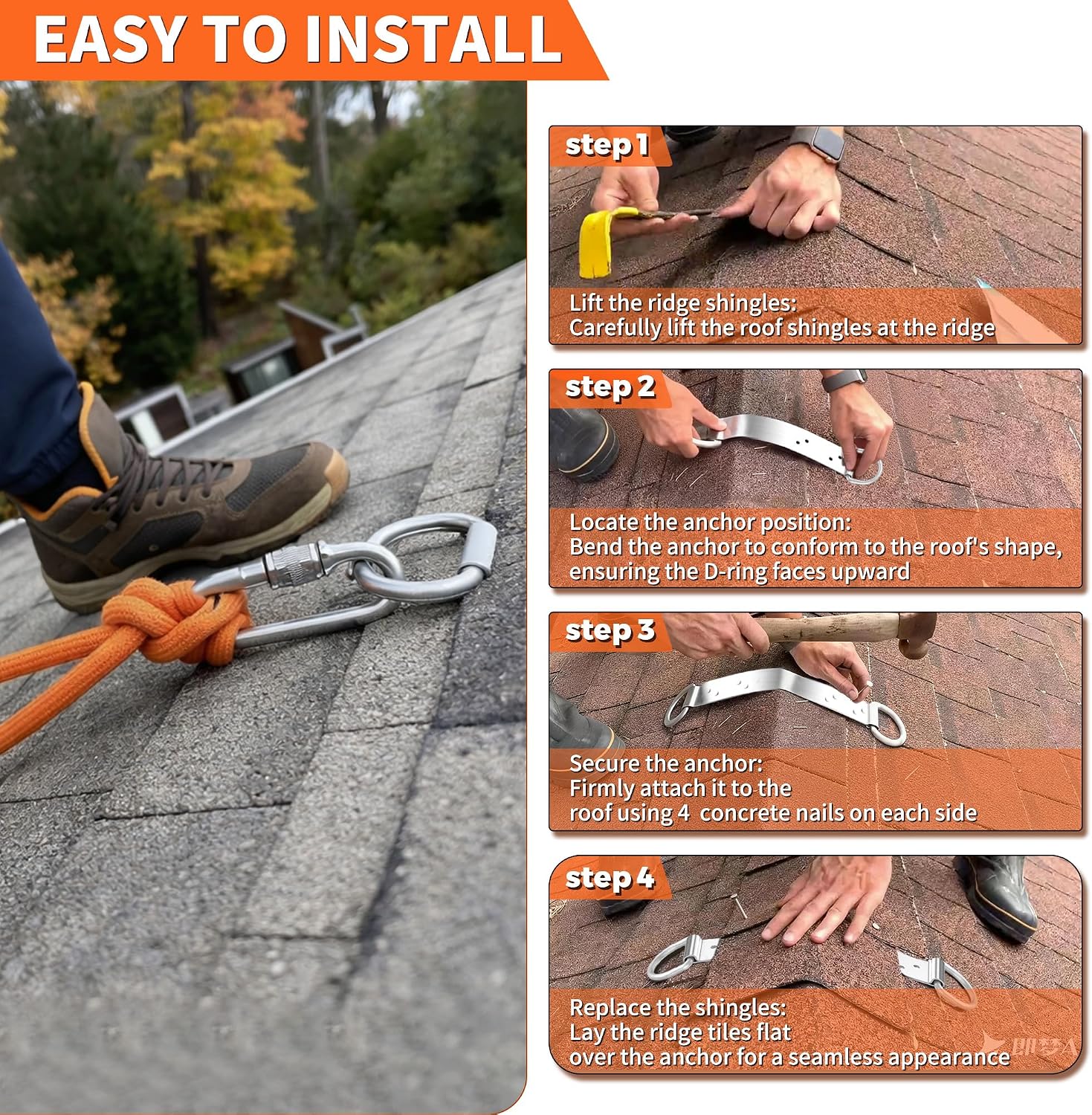 18" Permanent Roof Anchor Bracket - Double D-Ring Fall Protection Roof Safety Anchor, Lightweight & Discreet Design