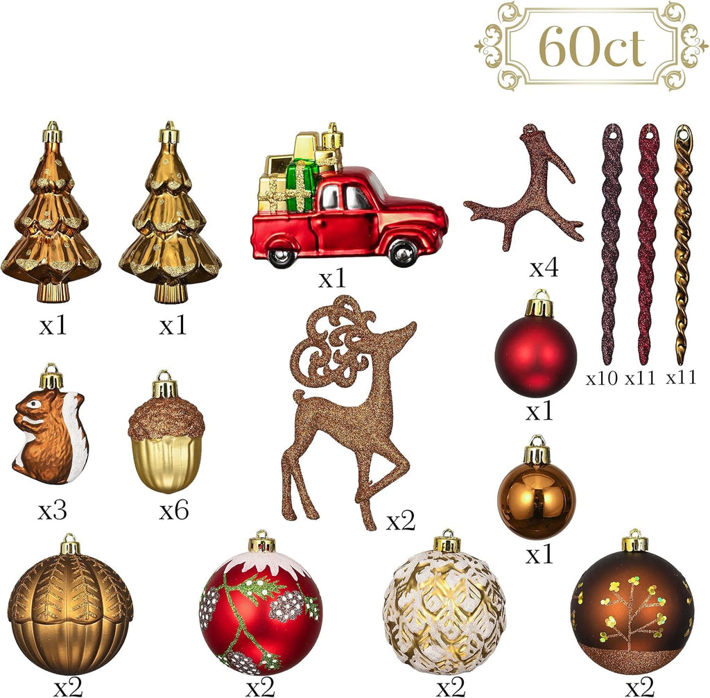 Christmas Ornaments Set, 60ct Red and Brown Shatterproof Christmas Tree Decorations, Woodland Hanging Ball Ornaments
