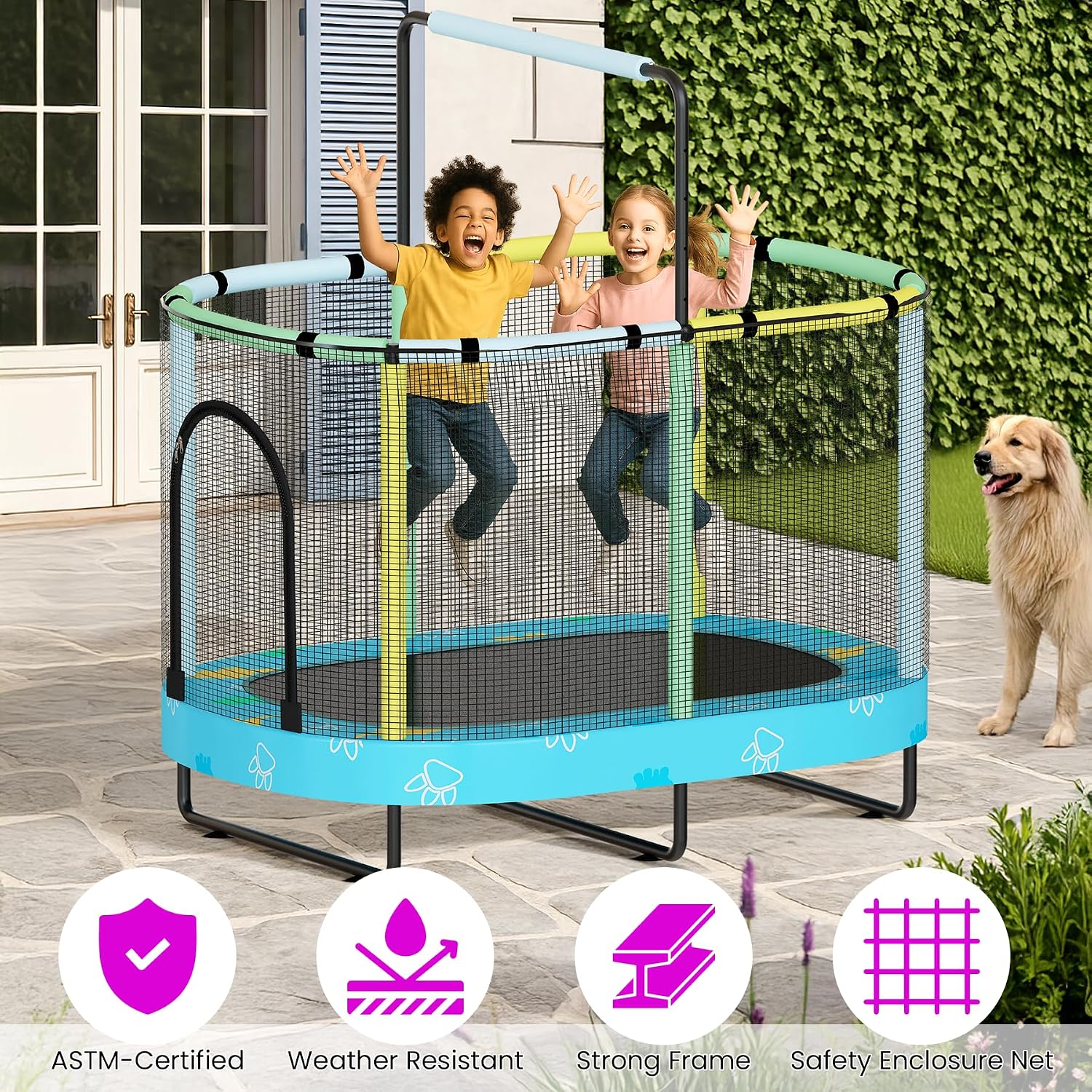 Kids Trampoline, Indoor Trampoline Approved by ASTM, Safety Enclosure Net and Adjustable Handrail, 1-8 Children